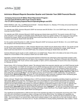 Activision Blizzard Reports December Quarter and Calendar Year 2009 Financial Results