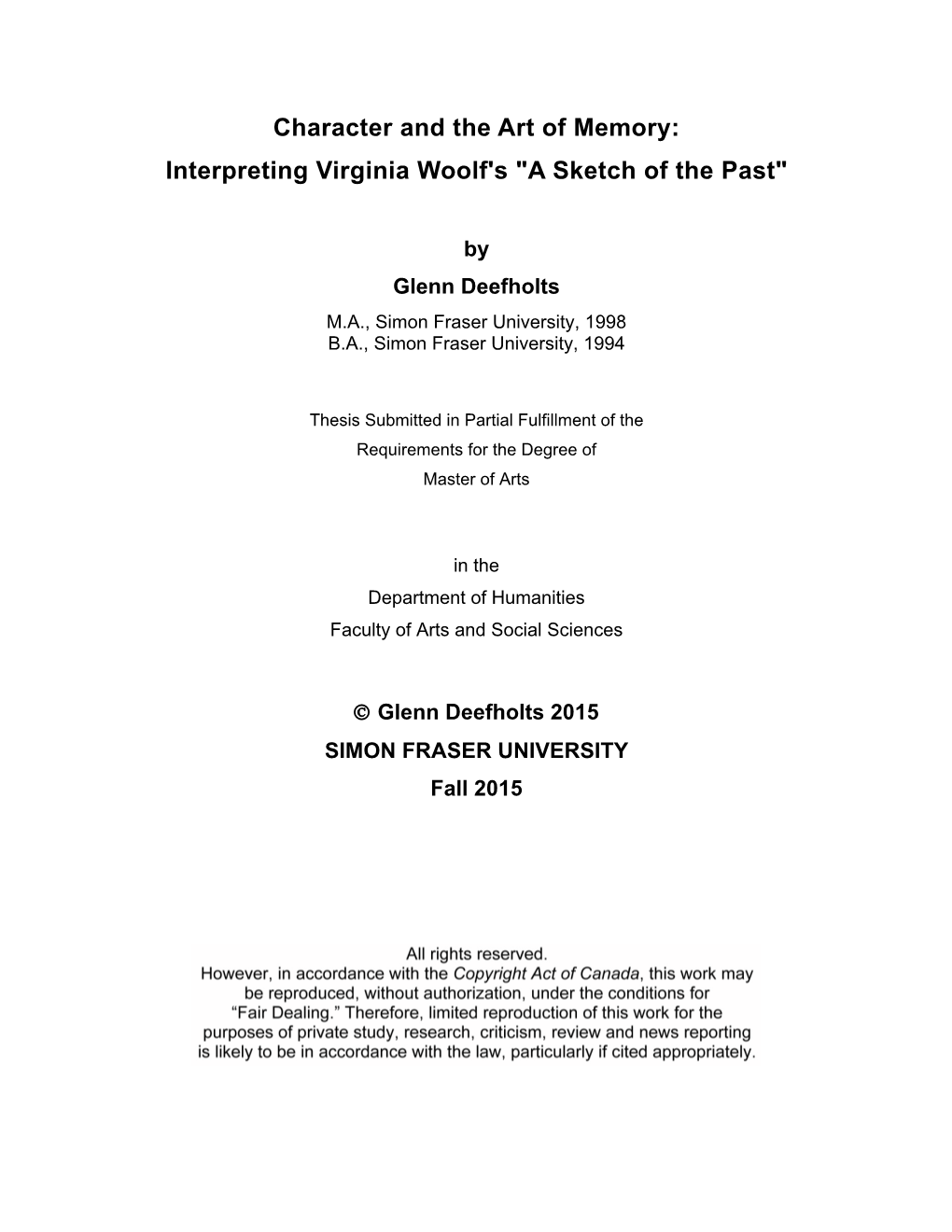 Character and the Art of Memory: Interpreting Virginia Woolf's "A Sketch of the Past"