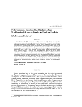 Performance and Sustainability of Kudumbashree Neighbourhood Groups in Kerala: an Empirical Analysis