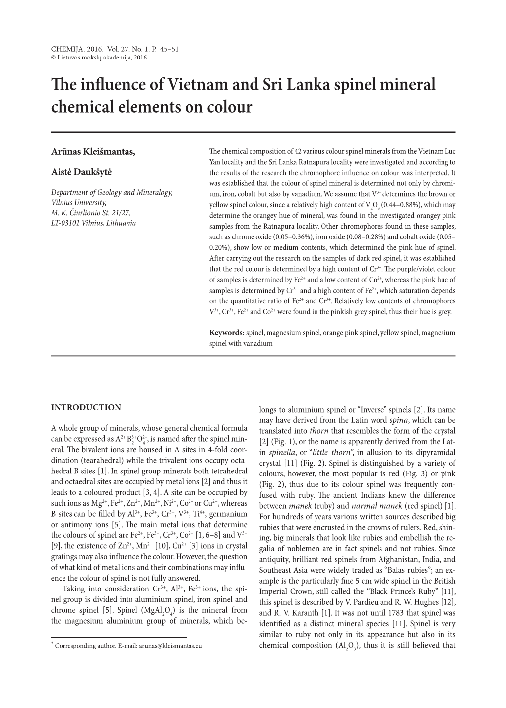 The Influence of Vietnam and Sri Lanka Spinel Mineral Chemical Elements on Colour
