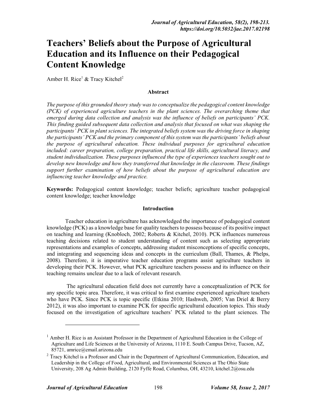 Teachers' Beliefs About the Purpose of Agricultural Education and Its