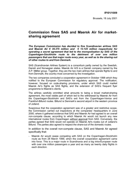 Commission Fines SAS and Maersk Air for Market Sharing Agreement
