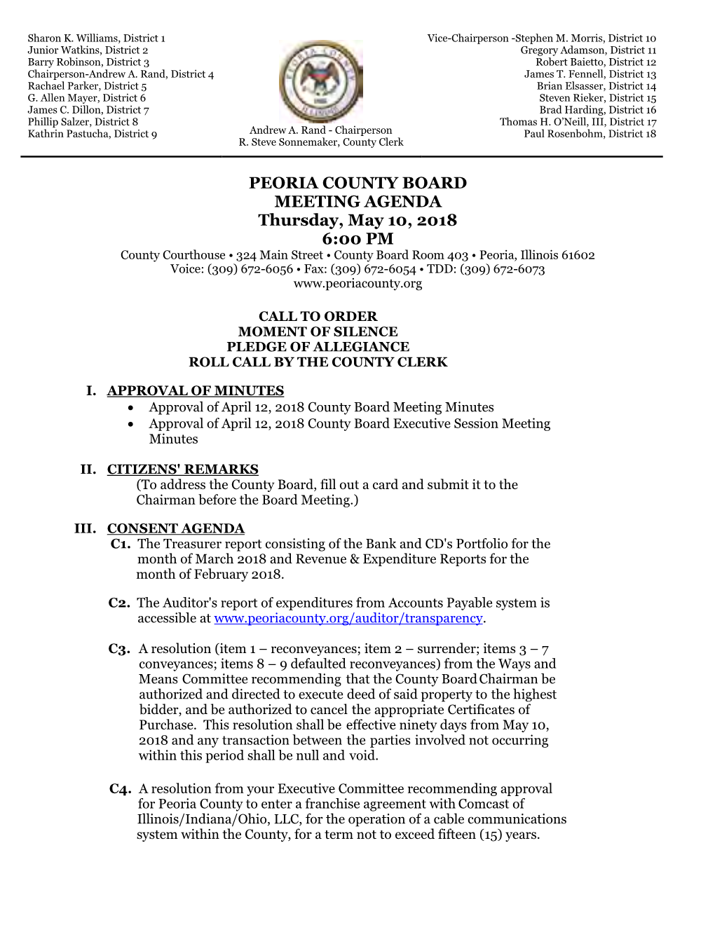 PEORIA COUNTY BOARD MEETING AGENDA Thursday, May 10, 2018 6