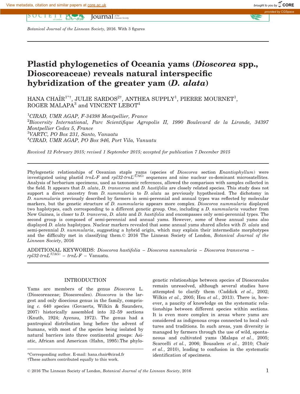 Dioscorea Spp., Dioscoreaceae) Reveals Natural Interspeciﬁc Hybridization of the Greater Yam (D