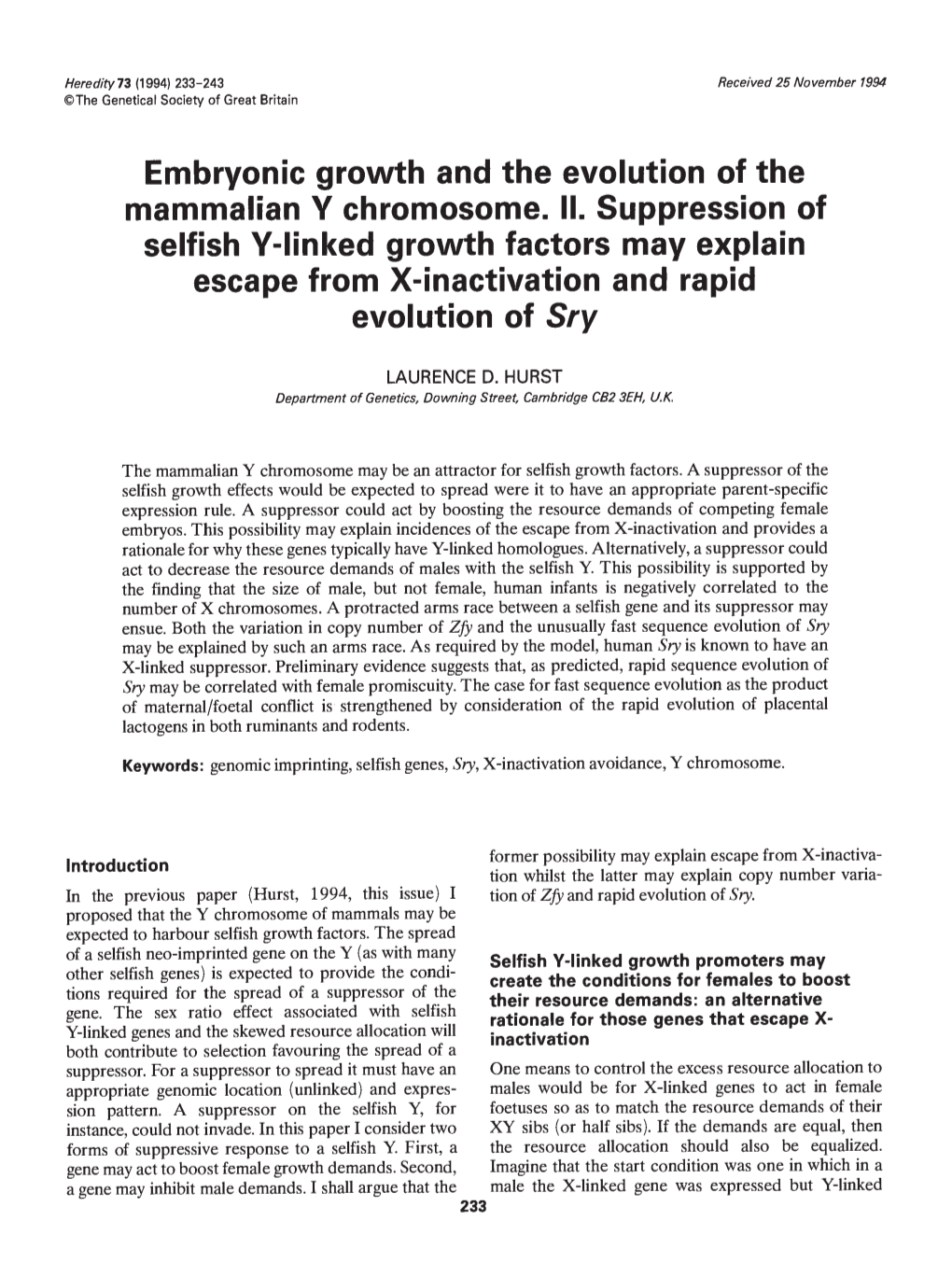 Embryonic Growth and the Evolution of the Selfish V-Linked Growth Factors