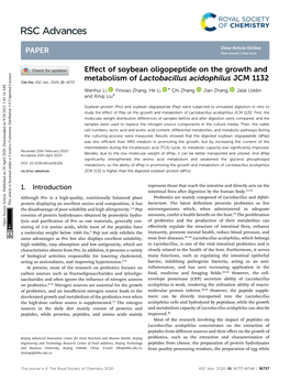 Effect of Soybean Oligopeptide on the Growth and Metabolism Of