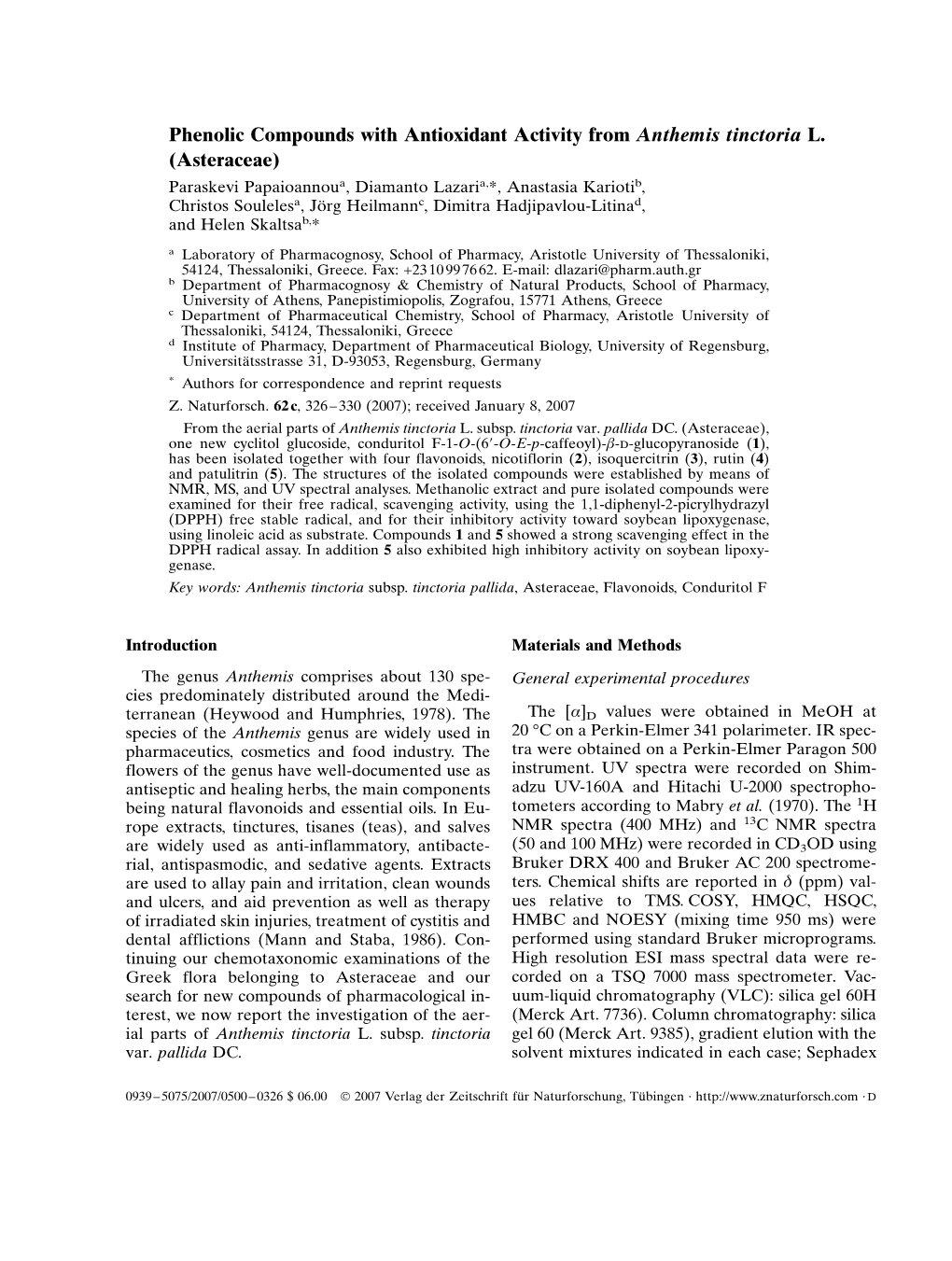 Phenolic Compounds with Antioxidant Activity from Anthemis Tinctoria L
