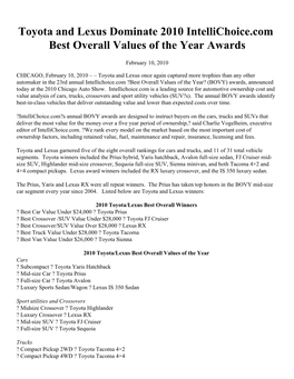 Toyota and Lexus Dominate 2010 Intellichoice.Com Best Overall Values of the Year Awards