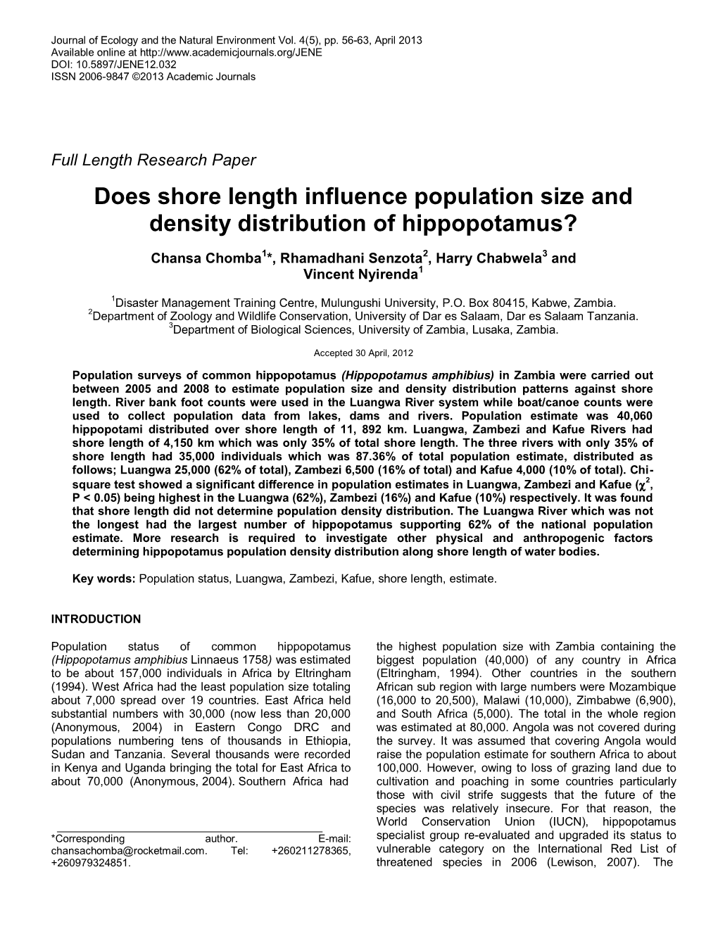 Does Shore Length Influence Population Size and Density Distribution of Hippopotamus?