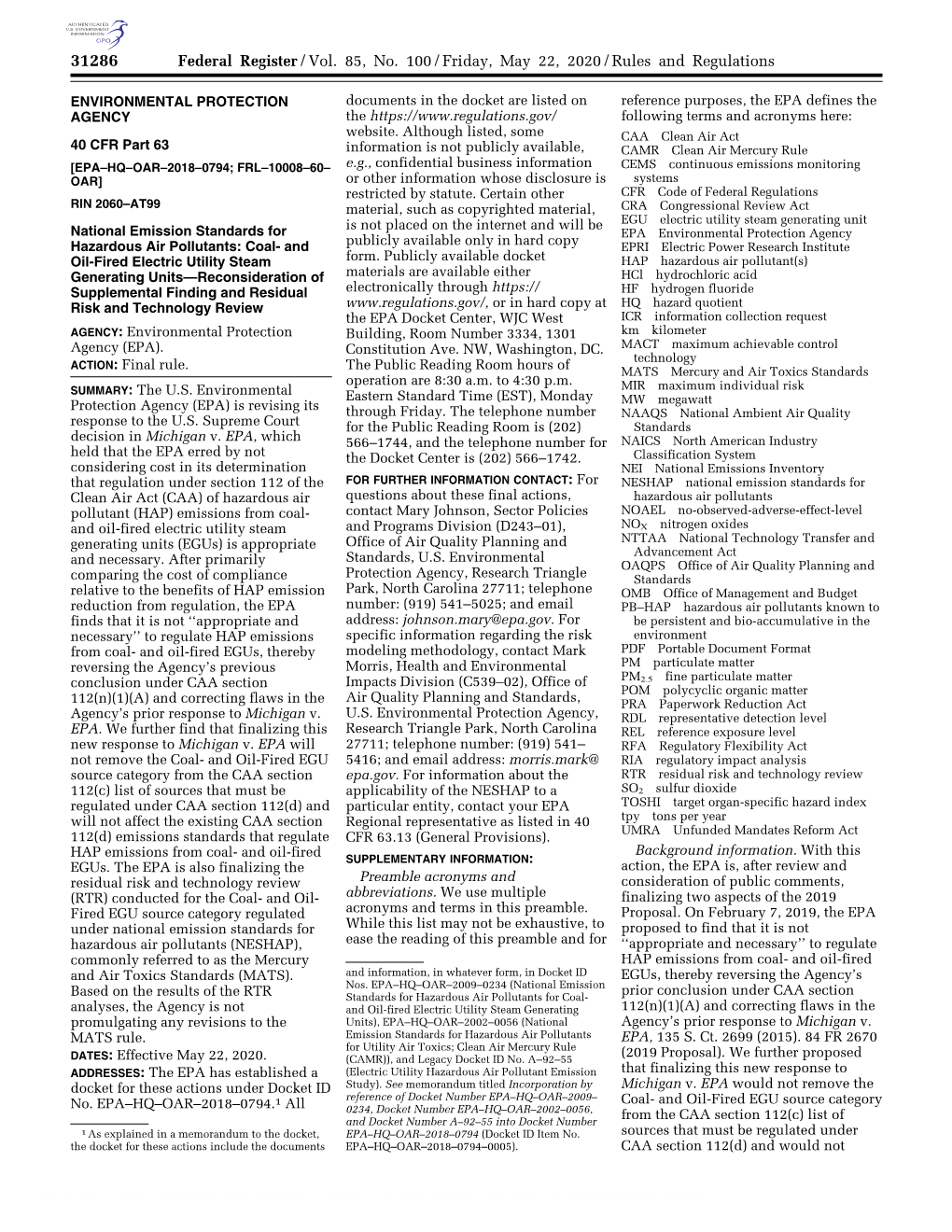 Federal Register/Vol. 85, No. 100/Friday, May 22, 2020/Rules and Regulations