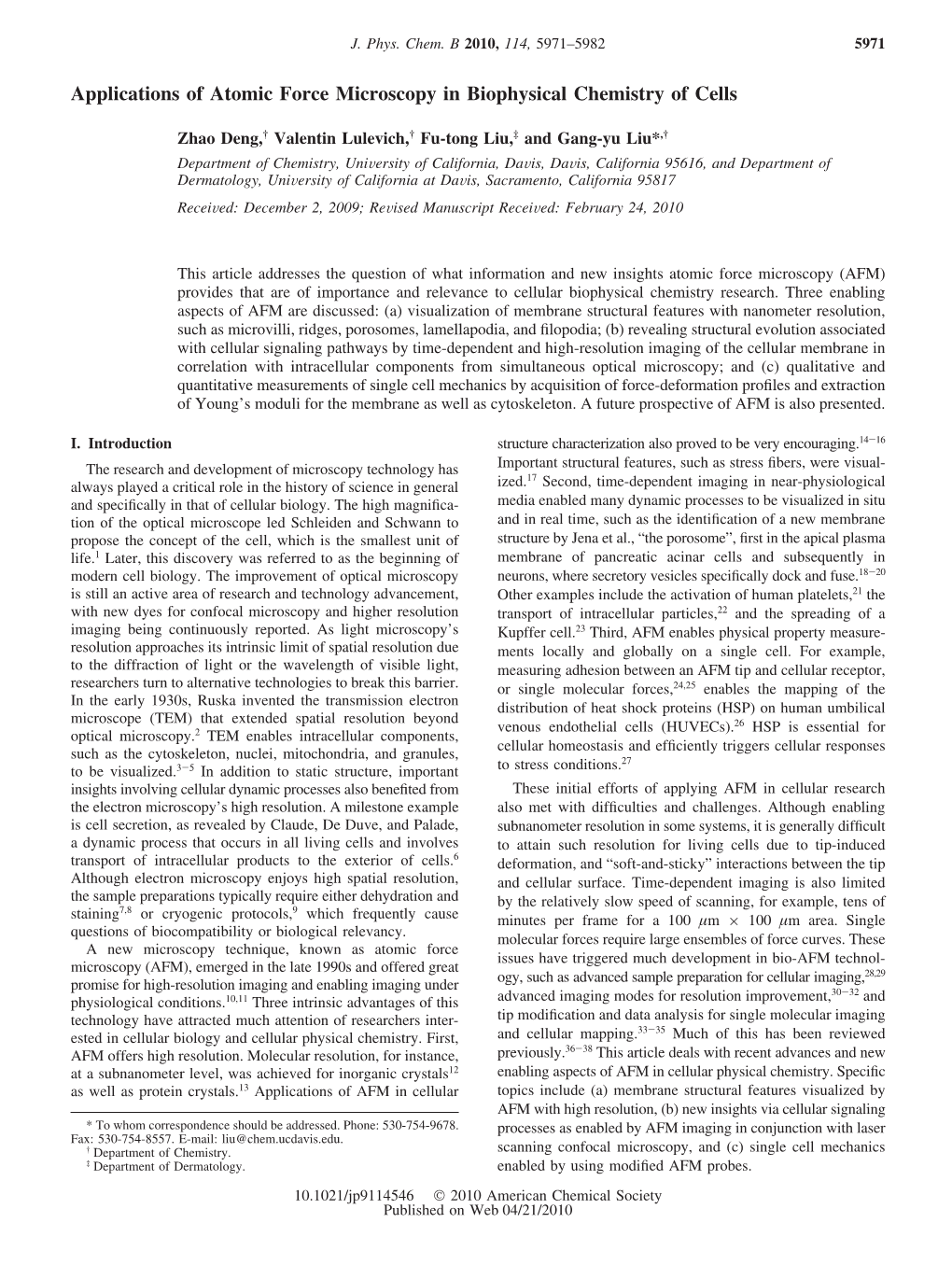 Applications of Atomic Force Microscopy in Biophysical Chemistry of Cells