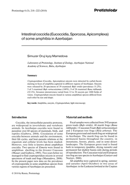 Protistology Intestinal Coccidia (Eucoccidia, Sporozoa, Apicomplexa)