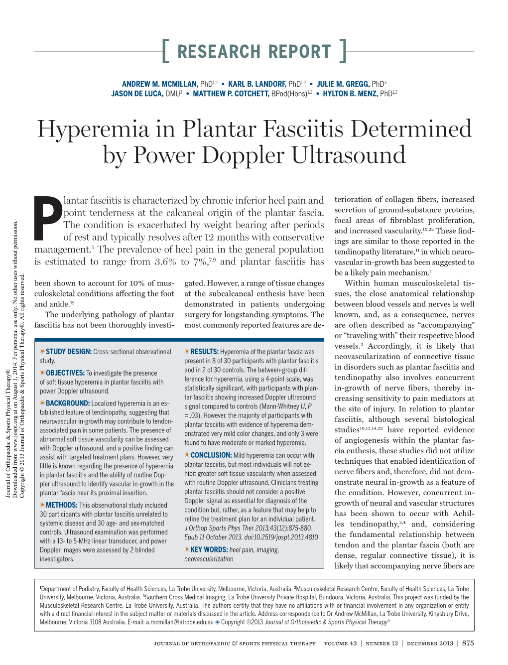 Hyperemia in Plantar Fasciitis Determined by Power Doppler Ultrasound