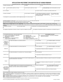 Application and Permit for Disposition of Human Remains Use Black Ink Only — Make No Erasures, Whiteouts, Photocopies, Or Other Alterations 1A