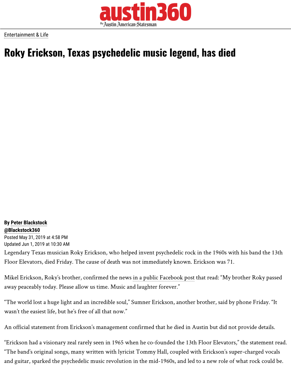 Roky Erickson, Texas Psychedelic Music Legend, Has Died