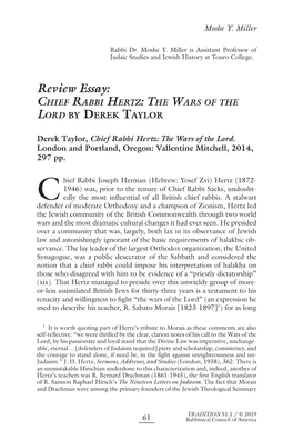 Chief Rabbi Hertz: the Wars of the Lord by Derek Taylor