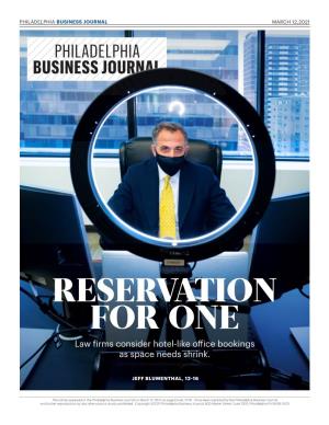 Philadelphia Business Journal Article Reservation for One Featuring