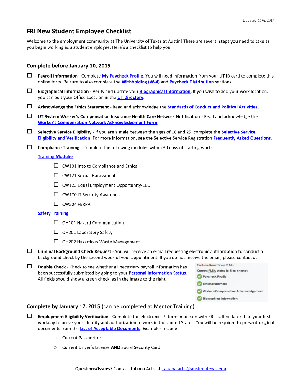 FRI New Student Employee Checklist