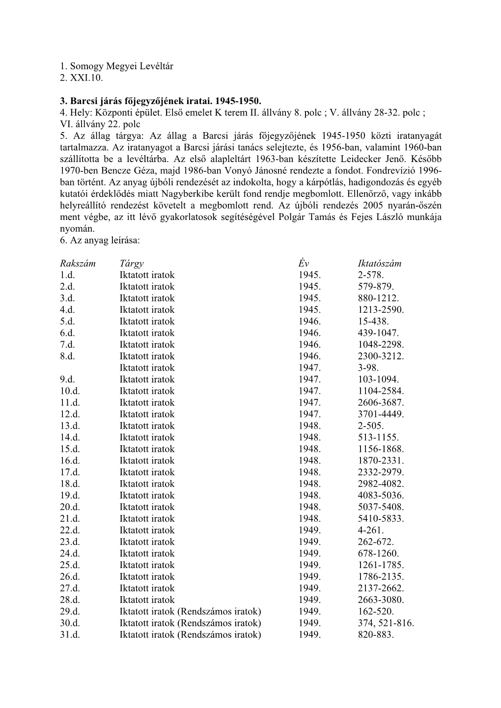 1. Somogy Megyei Levéltár 2. XXI.10. 3. Barcsi Járás Főjegyzőjének Iratai