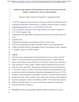 Northward Range Expansion of the European Green Crab Carcinus Maenas in the SW 2 Atlantic: a Synthesis After ~20 Years of Invasion History 3 4 Mariano E