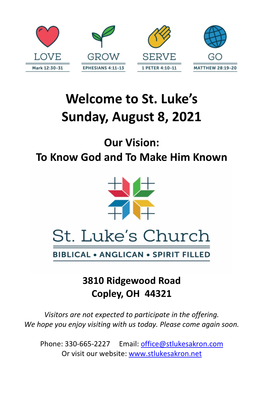 St. Luke's Sunday, August 8, 2021