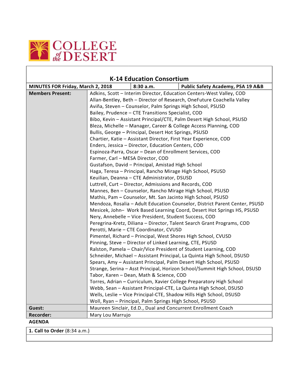 K-14 Education Consortium MINUTES for Friday, March 2, 2018 8:30 A.M