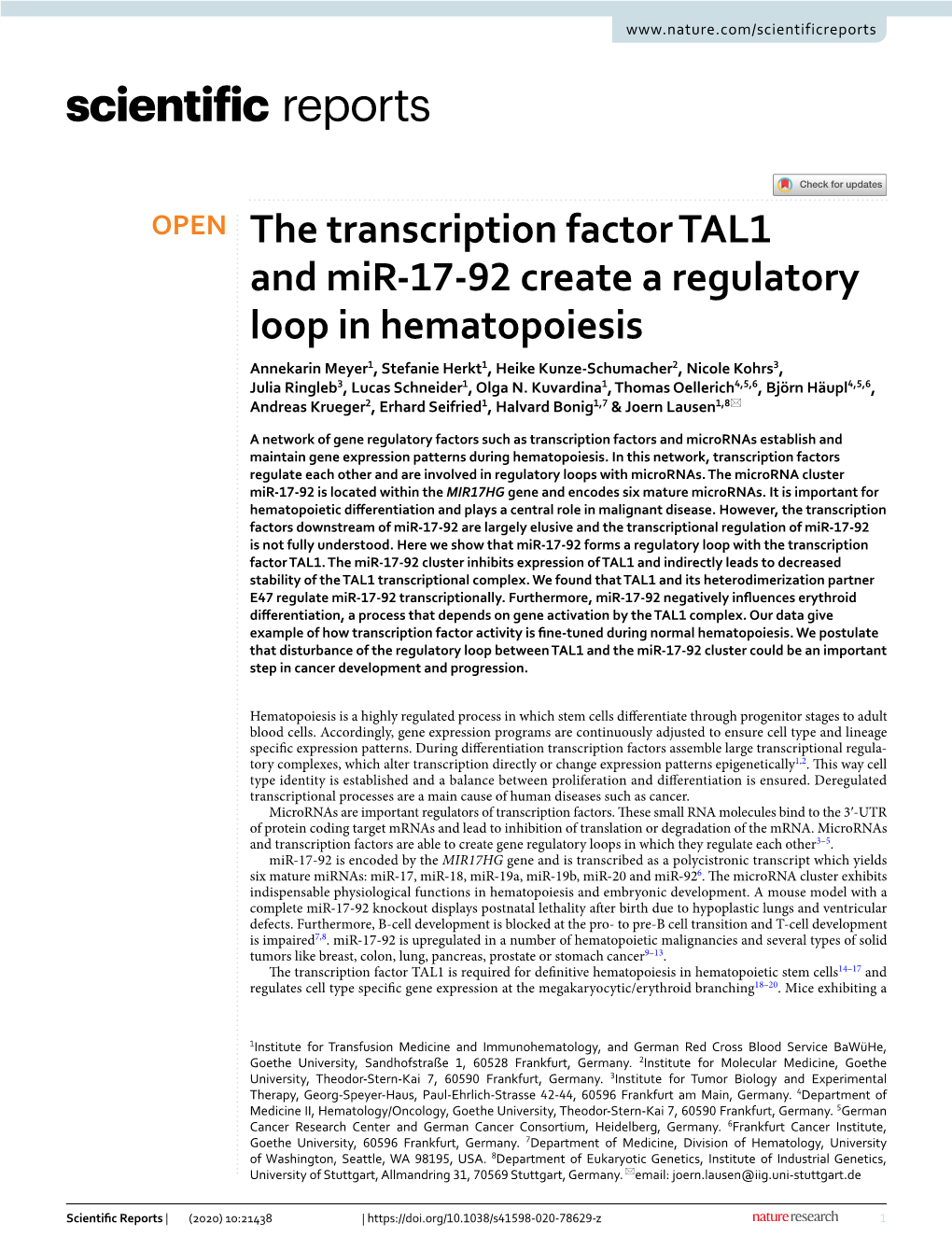 The Transcription Factor TAL1 and Mir-17-92 Create a Regulatory Loop in Hematopoiesis