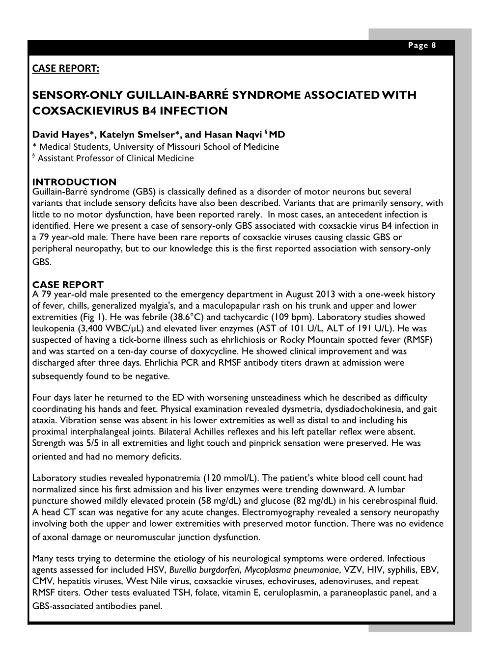 Sensory-Only Guillain-Barré Syndrome Associated with Coxsackievirus B4 Infection