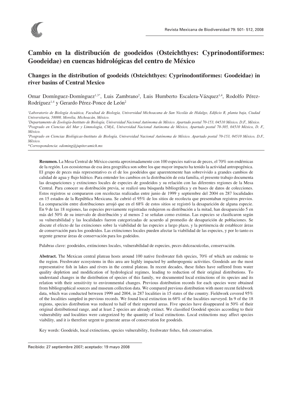 Cambio En La Distribución De Goodeidos (Osteichthyes: Cyprinodontiformes: Goodeidae) En Cuencas Hidrológicas Del Centro De México