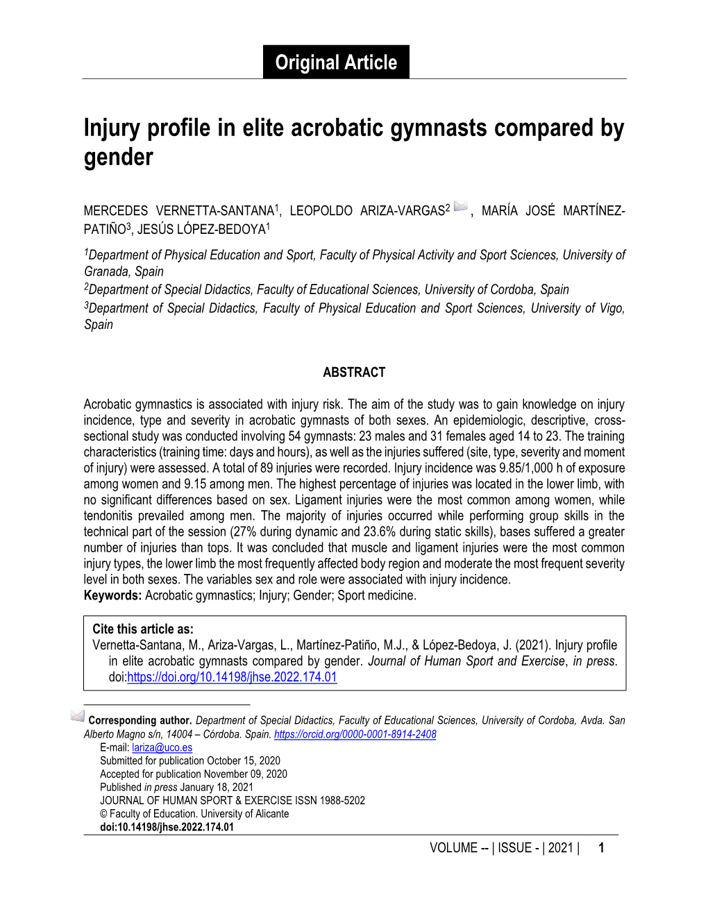 Injury Profile in Elite Acrobatic Gymnasts Compared by Gender