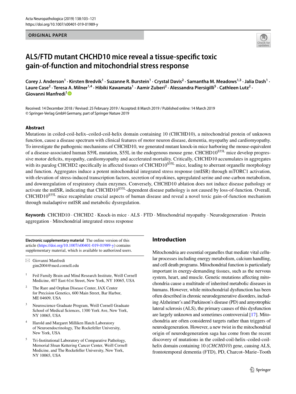 ALS/FTD Mutant CHCHD10 Mice Reveal a Tissue-Specific Toxic Gain