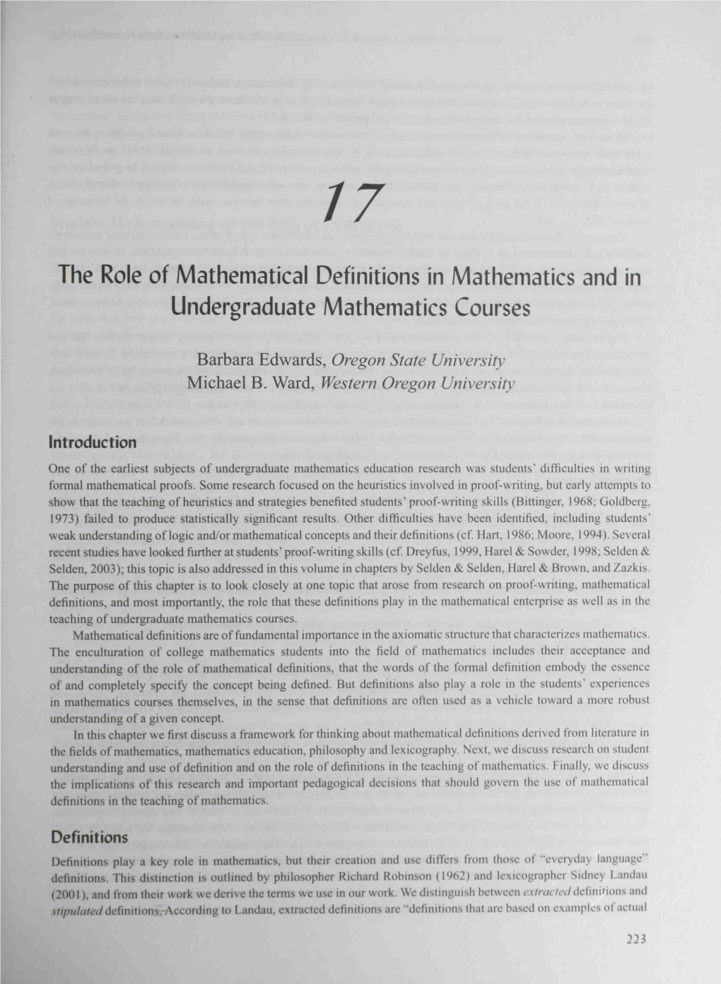 The Role of Mathematical Definitions in Mathematics and in Undergraduate Mathematics Courses