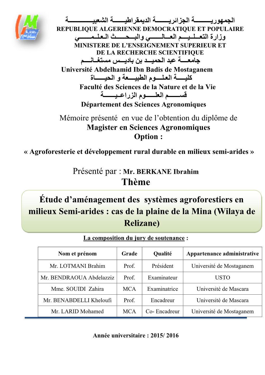 CHAPITRE I Caractérisation Phytoécologique De Plaine De La Mina