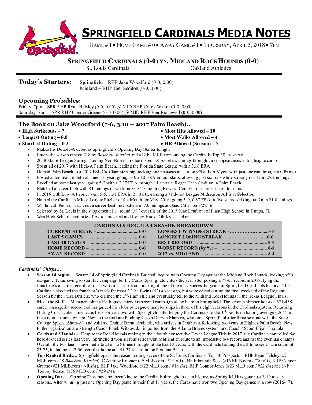 Springfield Cardinals Media Notes Game # 1  Home Game # 0  Away Game # 1  Thursday, April 5, 2018  7Pm