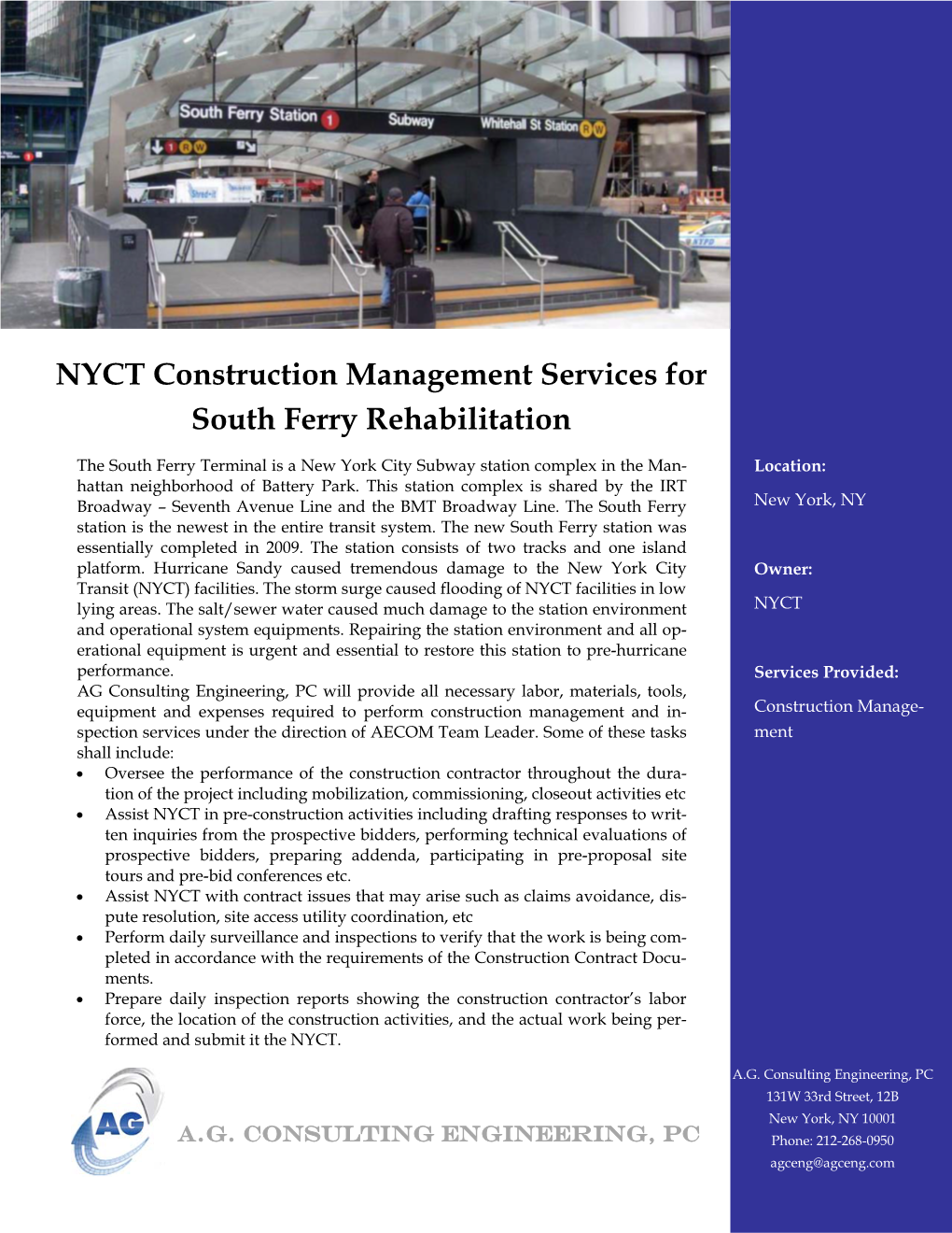 NYCT CM Services for South Ferry Rehabilitation