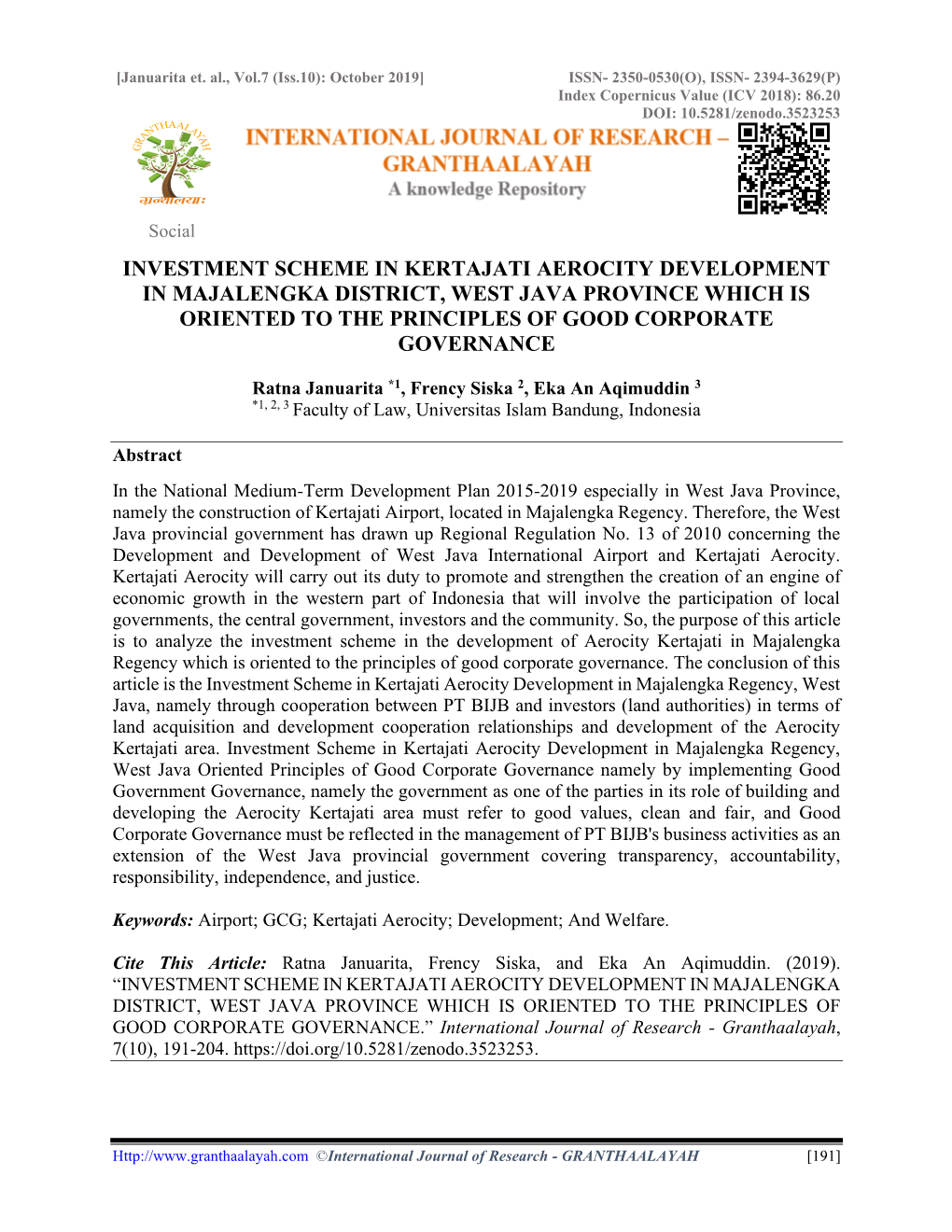 Investment Scheme in Kertajati Aerocity Development in Majalengka District, West Java Province Which Is Oriented to the Principles of Good Corporate Governance