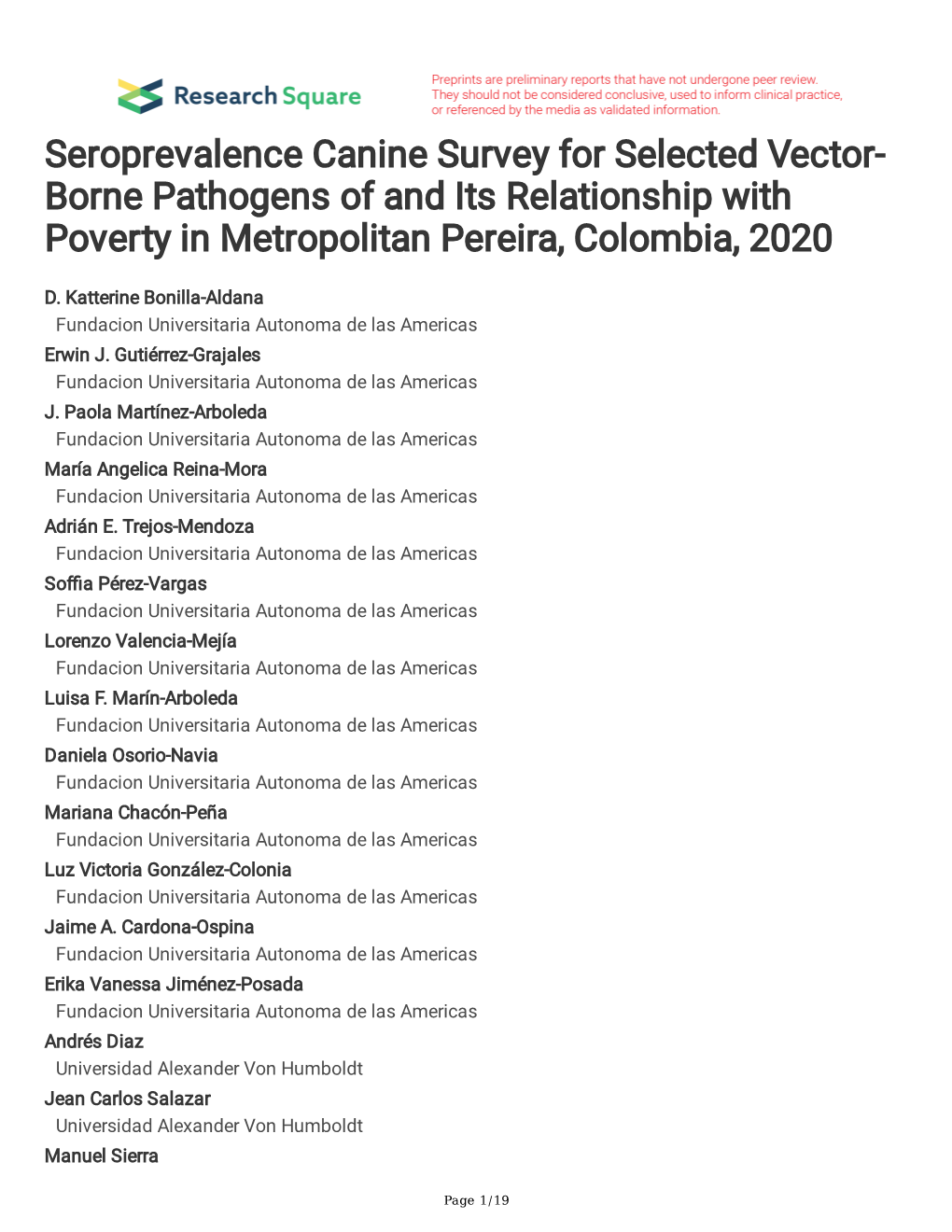 Seroprevalence Canine Survey for Selected Vector- Borne Pathogens of and Its Relationship with Poverty in Metropolitan Pereira, Colombia, 2020