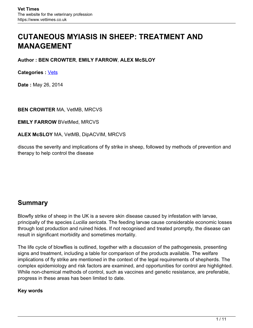 Cutaneous Myiasis in Sheep: Treatment and Management