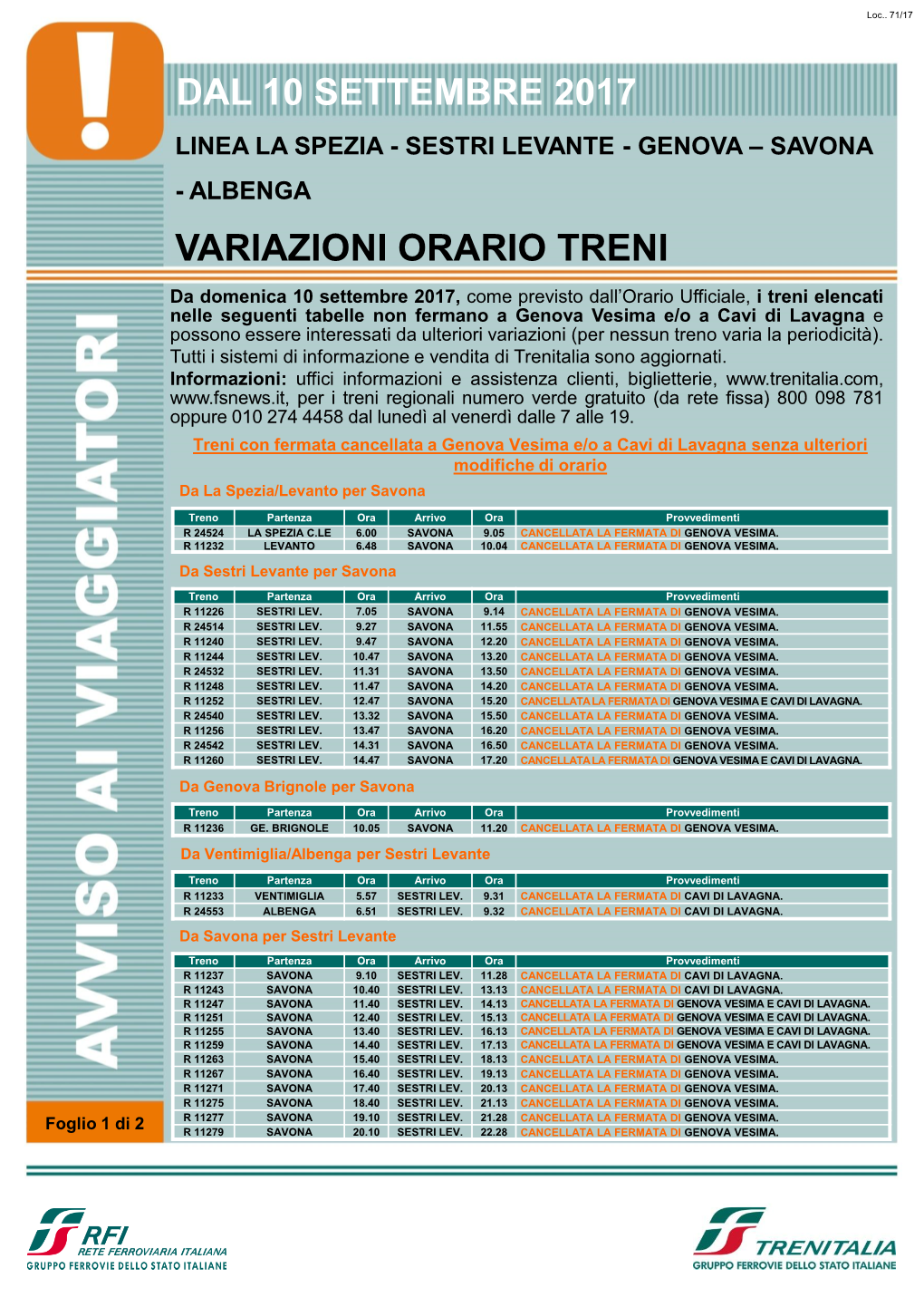 Sestri Levante - Genova – Savona - Albenga Variazioni Orario Treni