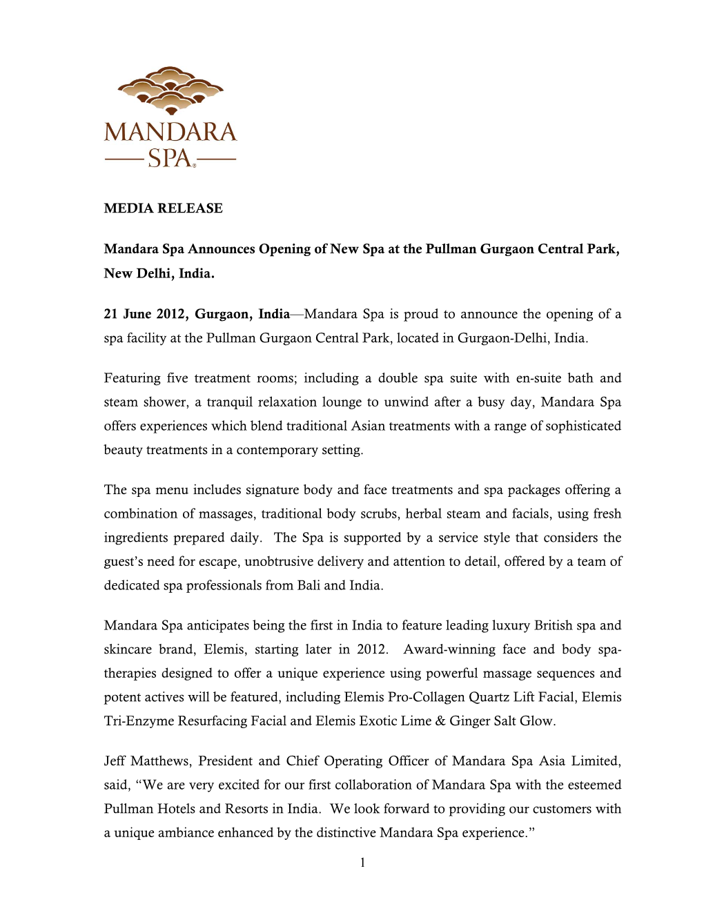 Mandara Spa Announces Opening of New Spa at the Pullman Gurgaon Central Park, New Delhi, India