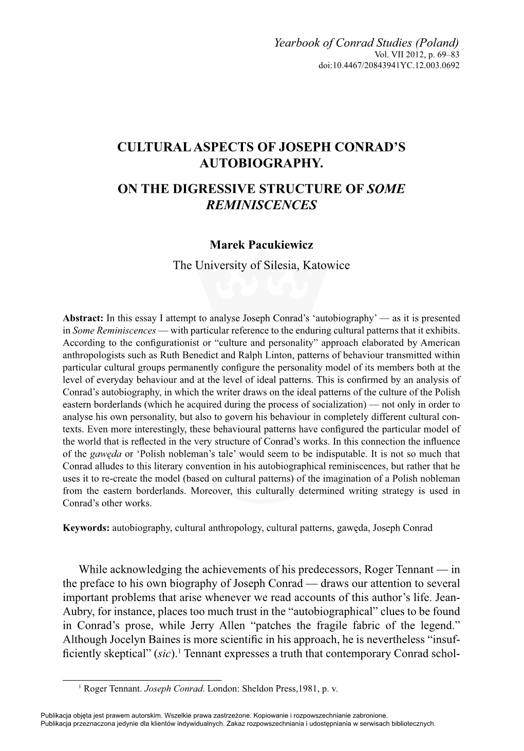 Cultural Aspects of Joseph Conrad's Autobiography. On