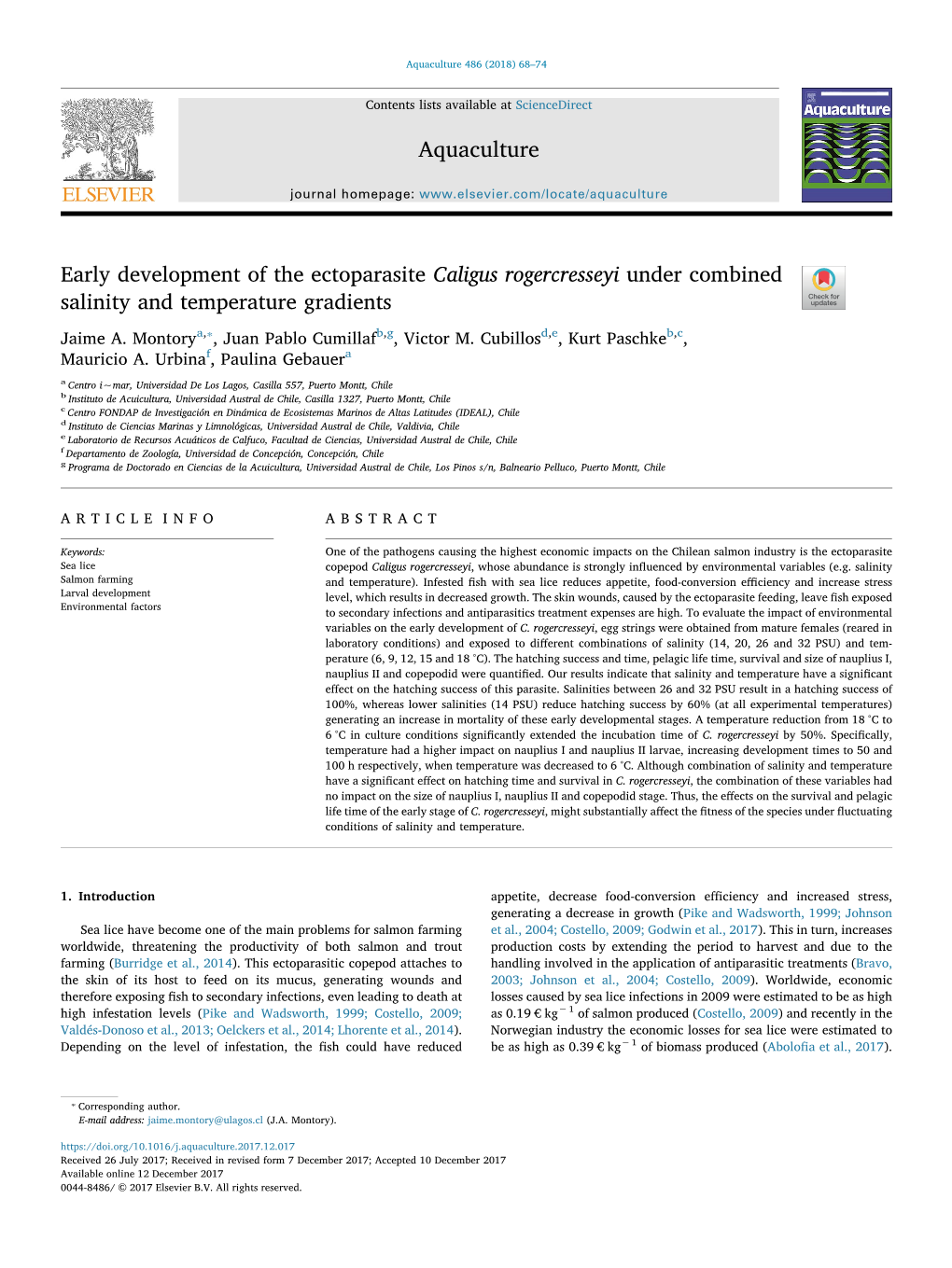 Early Development of the Ectoparasite Caligus Rogercresseyi Under Combined T Salinity and Temperature Gradients ⁎ Jaime A