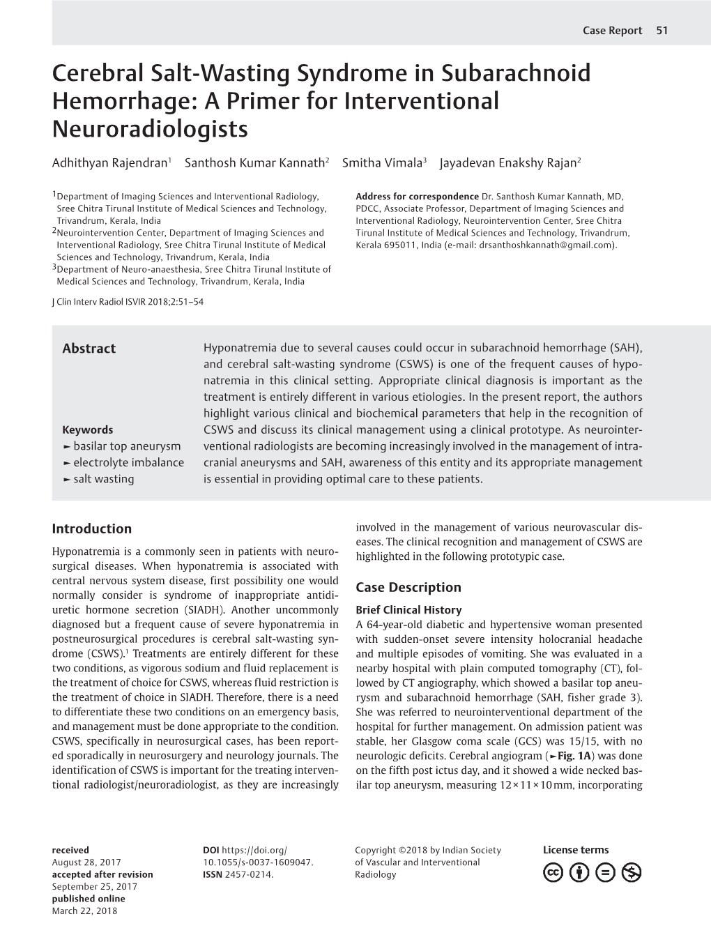 Cerebral Salt-Wasting Syndrome in Subarachnoid Hemorrhage: a Primer for Interventional Neuroradiologists