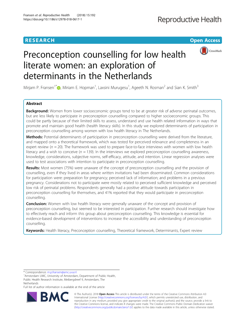 Preconception Counselling for Low Health Literate Women: an Exploration of Determinants in the Netherlands Mirjam P