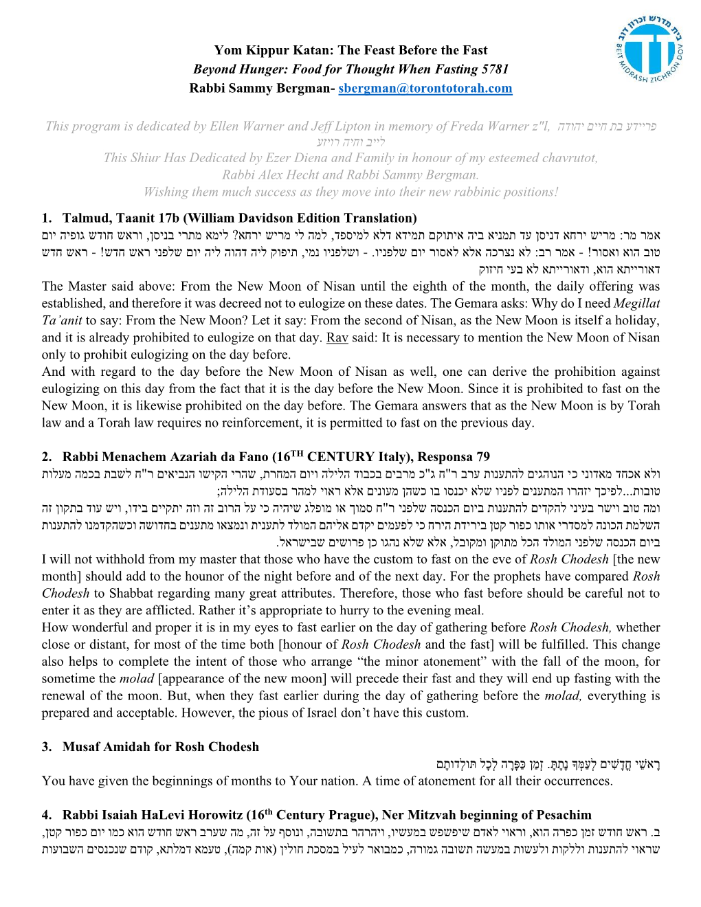 Yom Kippur Katan: the Feast Before the Fast Beyond Hunger: Food for Thought When Fasting 5781 Rabbi Sammy Bergman- Sbergman@Torontotorah.Com