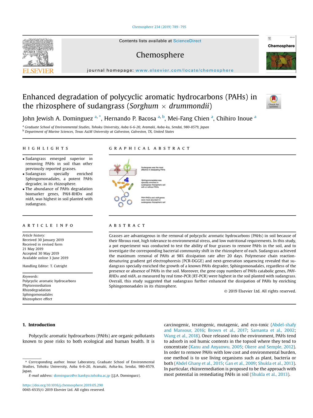 Enhanced Degradation of Polycyclic Aromatic Hydrocarbons (Pahs) in the Rhizosphere of Sudangrass (Sorghum � Drummondii)