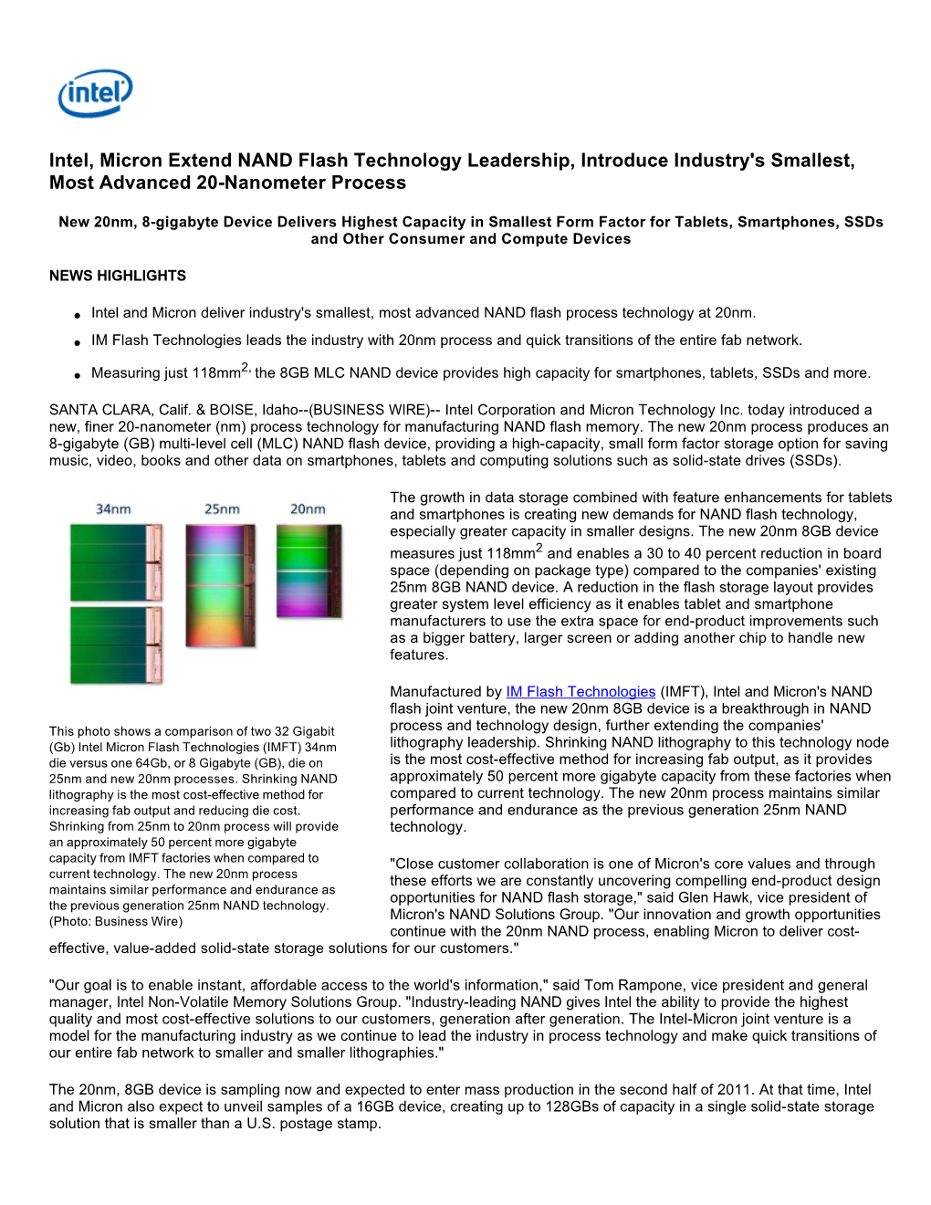 Intel, Micron Extend NAND Flash Technology Leadership, Introduce Industry's Smallest, Most Advanced 20-Nanometer Process