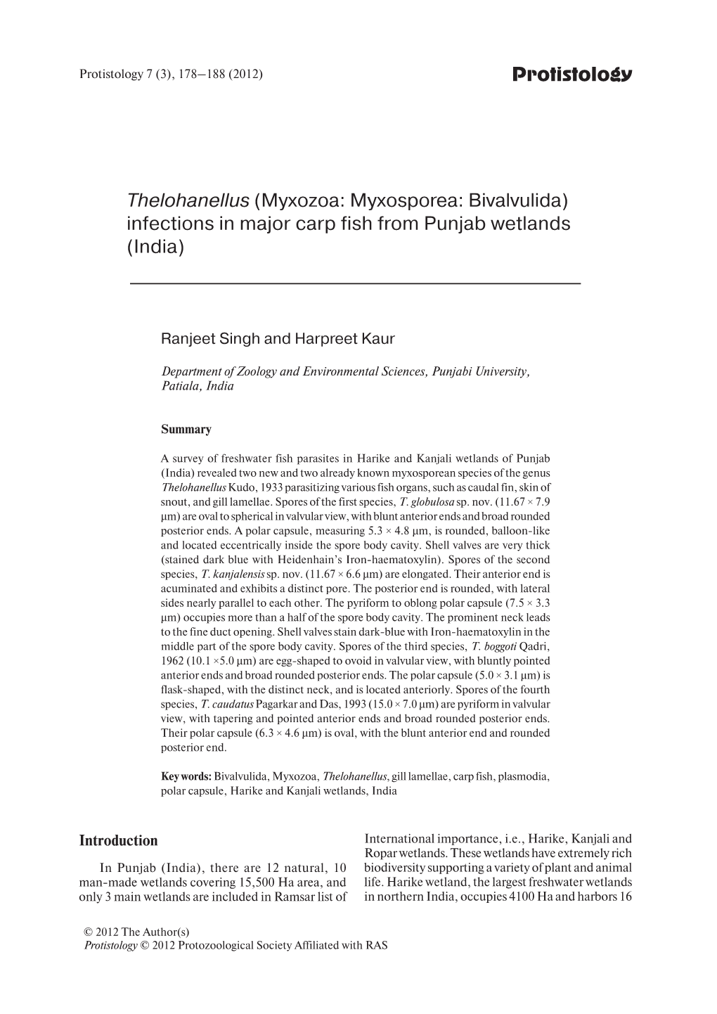 Protistology Thelohanellus (Myxozoa: Myxosporea: Bivalvulida) Infections