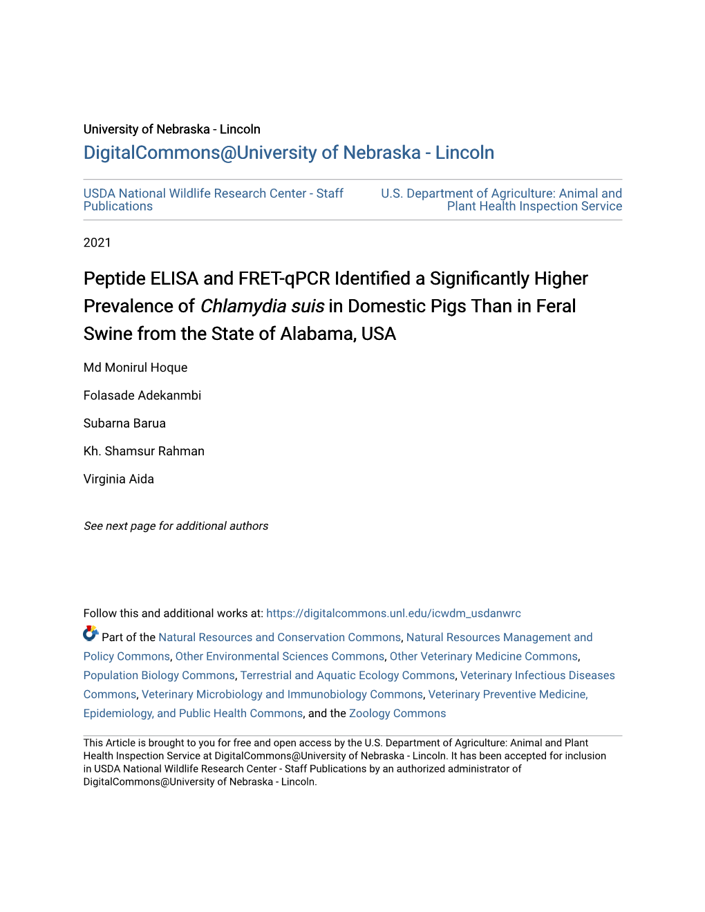 Peptide ELISA and FRET-Qpcr Identified a Significantly Higher Prevalence of Chlamydia Suis in Domestic Pigs Than in Feral Swine from the State of Alabama, USA