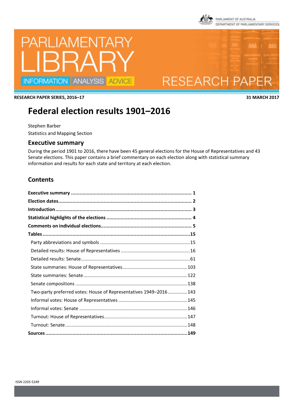 Federal Election Results 1901–2016